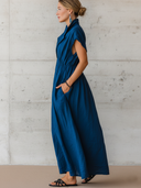 Women's Casual Vintage Lapel Short-Sleeve Cotton-Linen Maxi Dress ZMZ1127F9ZYY