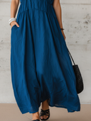 Women's Casual Vintage Lapel Short-Sleeve Cotton-Linen Maxi Dress ZMZ1127F9ZYY