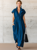Women's Casual Vintage Lapel Short-Sleeve Cotton-Linen Maxi Dress ZMZ1127F9ZYY