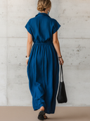 Women's Casual Vintage Lapel Short-Sleeve Cotton-Linen Maxi Dress ZMZ1127F9ZYY