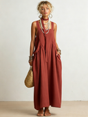 Women's Casual Vintage Square-Neck Sleeveless Cotton-Linen Loose Maxi Dress With Pockets ZMZ1112F7ZYY