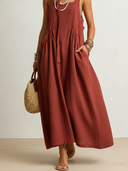 Women's Casual Vintage Square-Neck Sleeveless Cotton-Linen Loose Maxi Dress With Pockets ZMZ1112F7ZYY