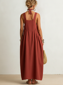 Women's Casual Vintage Square-Neck Sleeveless Cotton-Linen Loose Maxi Dress With Pockets ZMZ1112F7ZYY