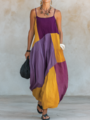 Women's Casual Vintage Square-Neck Color-Block Cotton-Linen Maxi Dress With Spaghetti Straps ZMZ1182F2ZYY