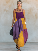 Women's Casual Vintage Square-Neck Color-Block Cotton-Linen Maxi Dress With Spaghetti Straps ZMZ1182F2ZYY
