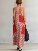 Women's Casual Vintage Vacation V-Neck Plaid-Panel Cotton-Linen Loose Maxi Dress ZMZ1124F5ZYY