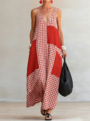 Women's Casual Vintage Vacation V-Neck Plaid-Panel Cotton-Linen Loose Maxi Dress ZMZ1124F5ZYY