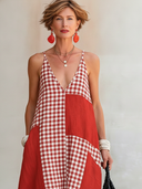 Women's Casual Vintage Vacation V-Neck Plaid-Panel Cotton-Linen Loose Maxi Dress ZMZ1124F5ZYY