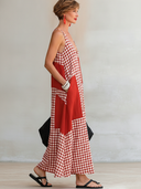 Women's Casual Vintage Vacation V-Neck Plaid-Panel Cotton-Linen Loose Maxi Dress ZMZ1124F5ZYY