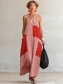 Women's Casual Vintage Vacation V-Neck Plaid-Panel Cotton-Linen Loose Maxi Dress ZMZ1124F5ZYY