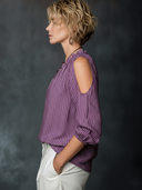 Women's Casual Vintage V-Neck Off-Shoulder Vertical-Stripe Cotton-Linen Shirt ZMZ1197F8ZYY