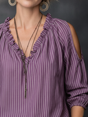 Women's Casual Vintage V-Neck Off-Shoulder Vertical-Stripe Cotton-Linen Shirt ZMZ1197F8ZYY