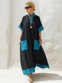 Women's Classic Cotton Striped-Panel Blue V-Neck Loose Maxi Dress ZMZ1283F7SWL