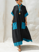 Women's Classic Cotton Striped-Panel Blue V-Neck Loose Maxi Dress ZMZ1283F7SWL
