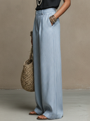 Women's Casual Fashionable Vertical Stripes Cotton-Linen Loose Wide-Leg Pants  ZMZ1100F2ZYY