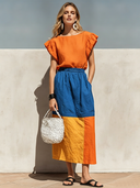 Women's Casual, Stylish, Resort-style Cotton-linen Round-neck Short-sleeve T-shirt And Color-block Paneled Skirt With An Elastic Waist Set ZMZ1163F2ZYY