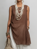Women's Casual Vintage Cotton-Linen Sleeveless Crew-Neck T-Shirt And Wide-Leg Pants Set ZMZ1119F6ZYY