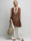 Women's Casual Vintage Cotton-Linen Sleeveless Crew-Neck T-Shirt And Wide-Leg Pants Set ZMZ1119F6ZYY