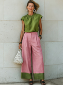 Women's Casual Resort-Style Cotton-Linen Set: Crew-Neck Short-Sleeve T-Shirt And Color-Block Wide-Leg Pants ZMZ1102F3ZYY