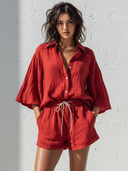 Women's Casual Resort-Style Cotton-Linen Set: Flared-Sleeve Shirt And Elastic-Waist Mini Shorts ZMZ1174F0ZYY