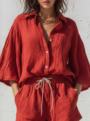 Women's Casual Resort-Style Cotton-Linen Set: Flared-Sleeve Shirt And Elastic-Waist Mini Shorts ZMZ1174F0ZYY
