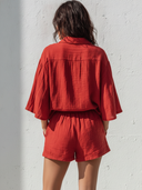 Women's Casual Resort-Style Cotton-Linen Set: Flared-Sleeve Shirt And Elastic-Waist Mini Shorts ZMZ1174F0ZYY