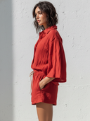 Women's Casual Resort-Style Cotton-Linen Set: Flared-Sleeve Shirt And Elastic-Waist Mini Shorts ZMZ1174F0ZYY
