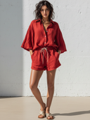 Women's Casual Resort-Style Cotton-Linen Set: Flared-Sleeve Shirt And Elastic-Waist Mini Shorts ZMZ1174F0ZYY