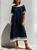 Women's Mediterranean Nautical Style Premium Linen Boat Neck Contrast Trim Midi Dress ZMZ1299F7YZH