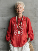 Women's Premium Vintage Tencel-Cotton-Linen Embroidered Mandarin Collar Lantern-Sleeve Shirt  ZMZ1181F8ZYY