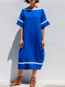 Women's Minimal Casual Style Premium Linen Boat Neck Contrast Trim Midi Dress ZMZ1261F3YZH