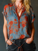 Women's Retro Casual Satin Floral Print Henley Collar Short-Sleeve Shirt ZMZ1299F0ZJY