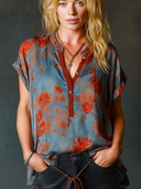 Women's Retro Casual Satin Floral Print Henley Collar Short-Sleeve Shirt ZMZ1299F0ZJY
