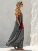 Women's Retro Flowy Textured Cotton Linen Color Block Camisole Maxi Dress ZMZ1289F5SWL