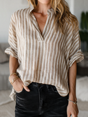 Women's Retro Casual Cotton Linen Striped Henley Collar Elbow-Length Sleeve Shirt ZMZ1254F2ZJY