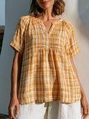 Women's Boho Casual Rayon Blend Plaid Pleated Notch Neck Short Sleeve Blouse ZMZ1239F2YZH