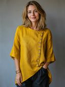 Women's Retro Casual Cotton Linen Elegant Elbow-Length Sleeve Ruffled Shirt ZMZ1256F5ZJY