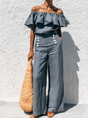 Women's Retro Casual Cotton Linen Ruffle Off-Shoulder Top And Pants Set ZMZ1216F6ZJY