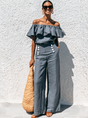 Women's Retro Casual Cotton Linen Ruffle Off-Shoulder Top And Pants Set ZMZ1216F6ZJY