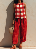 Women's Retro Casual Cotton Linen Plaid Sleeveless Top And Pants Set ZMZ1232F6ZJY