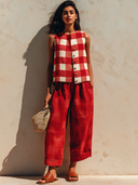 Women's Retro Casual Cotton Linen Plaid Sleeveless Top And Pants Set ZMZ1232F6ZJY