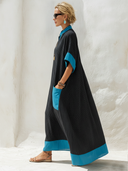Women's Classic Cotton Striped-Panel Blue V-Neck Loose Maxi Dress ZMZ1283F7SWL