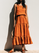 Women's Retro Casual Cotton Linen Round Neck Sleeveless Ruffle Midi Dress ZMZ1257F8ZJY