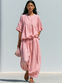 Women's Retro Casual Cotton Linen Round Neck Elbow-Length Sleeve Button-Up Top And Pants Set ZMZ1270F9ZJY