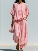 Women's Retro Casual Cotton Linen Round Neck Elbow-Length Sleeve Button-Up Top And Pants Set ZMZ1270F9ZJY