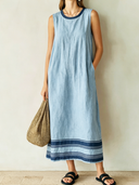 Women's Retro Casual Cotton Linen Striped Round Neck Sleeveless Midi Dress ZMZ1203F4ZJY