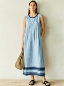 Women's Retro Casual Cotton Linen Striped Round Neck Sleeveless Midi Dress ZMZ1203F4ZJY