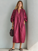 Women's Retro Casual Cotton Linen Pleated Three-Quarter Sleeve Midi Dress ZMZ1254F1ZJY