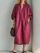 Women's Retro Casual Cotton Linen Pleated Three-Quarter Sleeve Midi Dress ZMZ1254F1ZJY