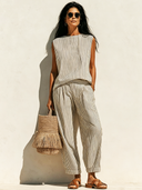 Women's Retro Casual Cotton Linen Striped Sleeveless Loose Top And Pants Set ZMZ1202F7ZJY